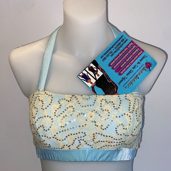 NWT Unique Sparkling Gold Sequinned Baby Blue Stretch Two Piece Co-ord Set - Picture 4 of 9